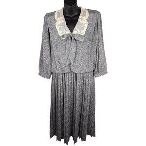 VTG 80s Paisley Cottage Core Prairie Lace Neckline Midi Dress Pleated Women’s 10